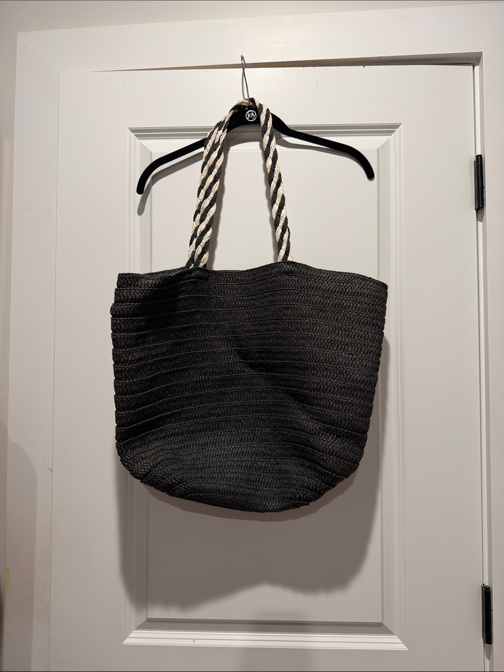 Rachel Zoe Black Woven Shoulder Tote with Cream-and-Black Rope Handles